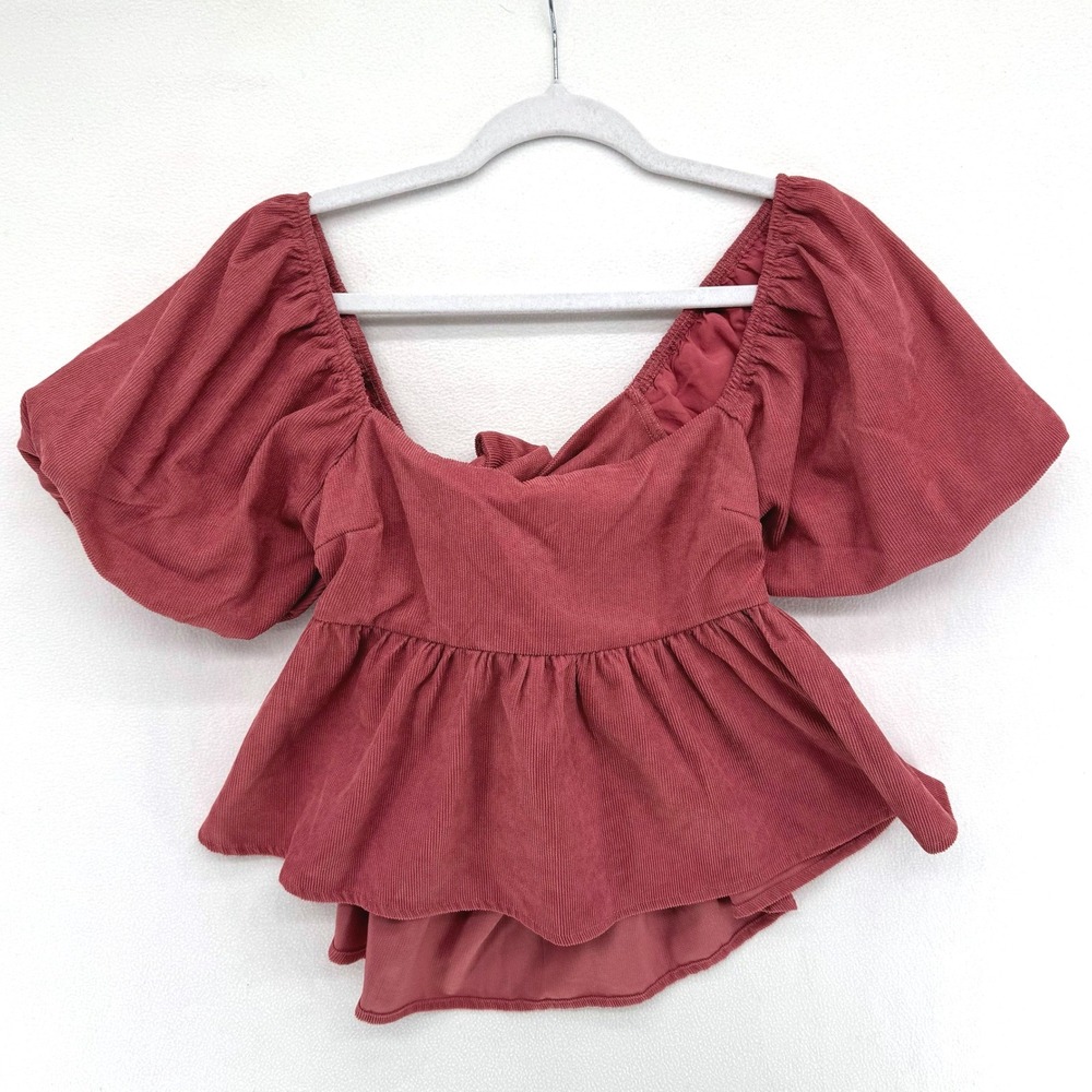 Audrey‎ Parks Peplum Top Women Med Mauve Corduroy Puff Sleeve Open Back Coquette